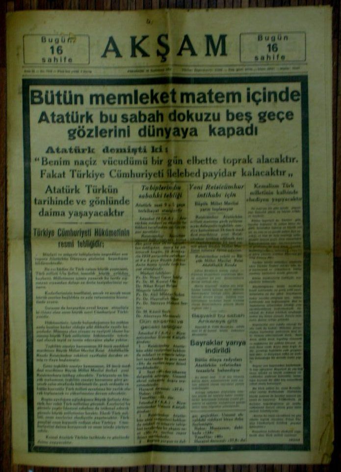 VINTAGE NEWSPAPER 10.9.1938 ON THE DEATH OF M.KEMAL ATATURK RRRRR