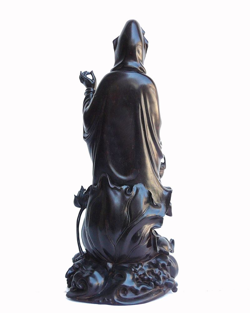 Elegant Chinese Africa Zitan Wood Lotus Kwan Yin Figure S2673