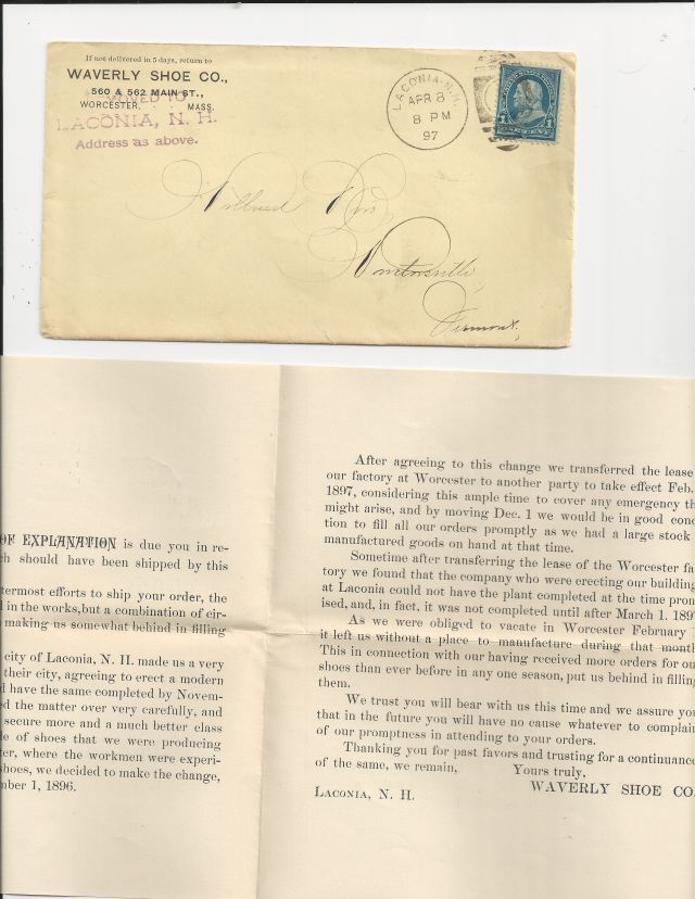 Oldhal Laconia NH Waverly Shoe Co 1897 Letter to Customer