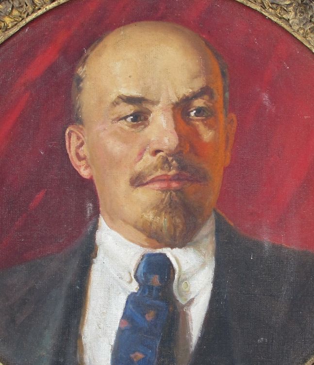 Oil Painting Lenin Portrait Old Round Frame Russian 1950 Communist