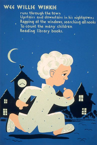 Children Read Book Wee Willie Winkie Library Town Vintage Poster Repro