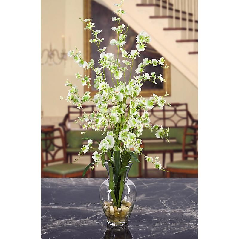 New Silk Green Orchid Flower Arrangement w Vase Fake Liquid