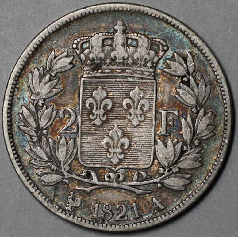 1821 A Louis XVIII France 2 Francs 90 Silver Coin Only 139K Made