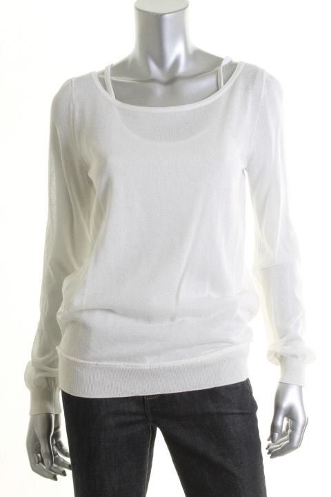 Anne Klein New Ivory Long Sleeve Scoop Neck Double Layered Pullover