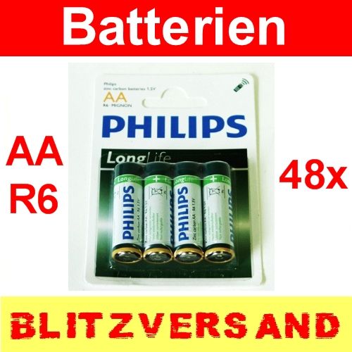 48 Stk Philips Longlife Batterien AA R6 1,5V Mignon Zellen Zink Kohle