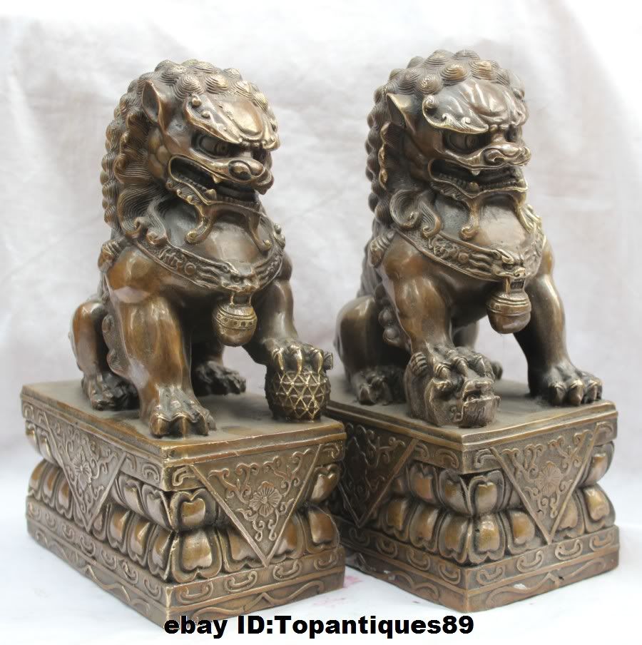 10 China Bronze Kupfer Feng Shui Guardian Lion Foo Fu Hund Statue