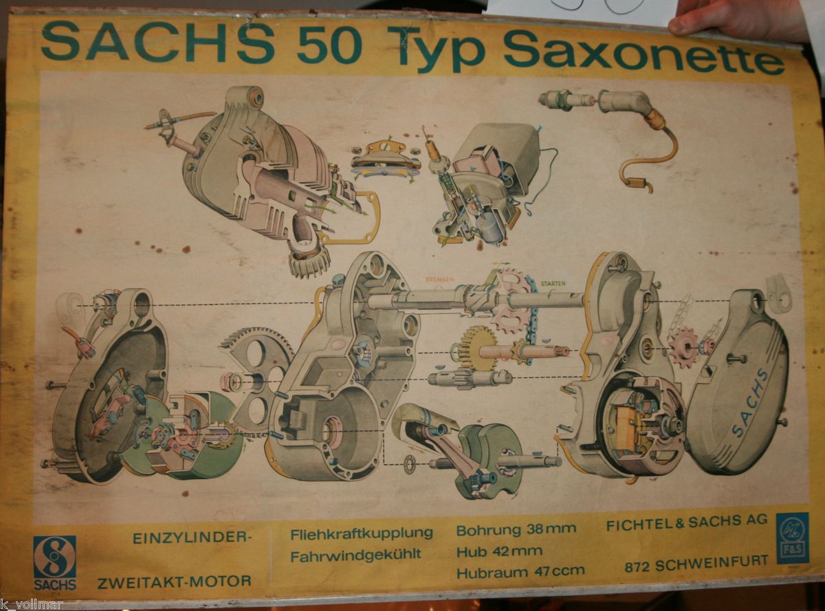 Technikplakat der Sachs   Saxonette 50 Typ , mit Fliehkraft   Kupplung