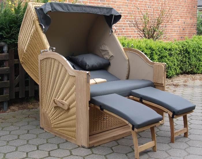 Teak Strandkorb PE JUMBO 140 cm ATEJA NATUR Polyrattan Beachchair